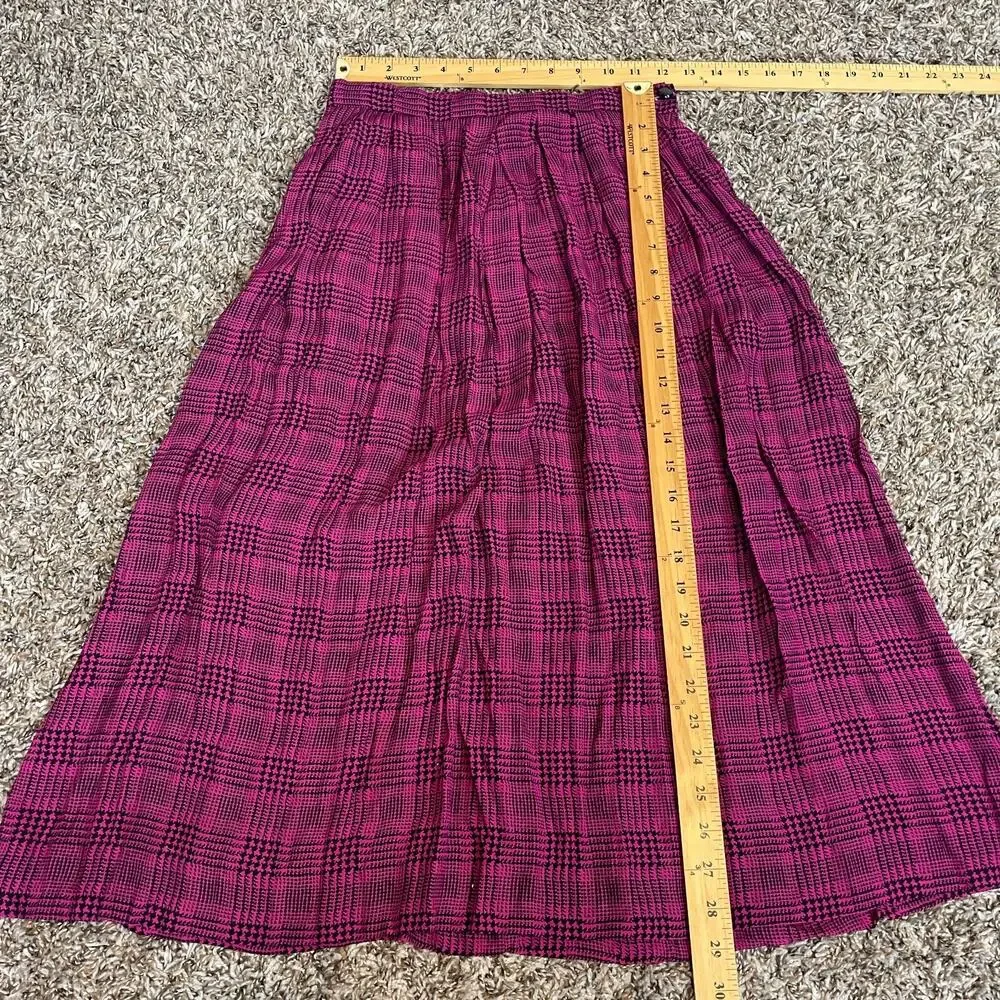 Vintage Pleated Skirt Size 8 Burgundy Black Houndstooth Midi Preppy Academia 90s